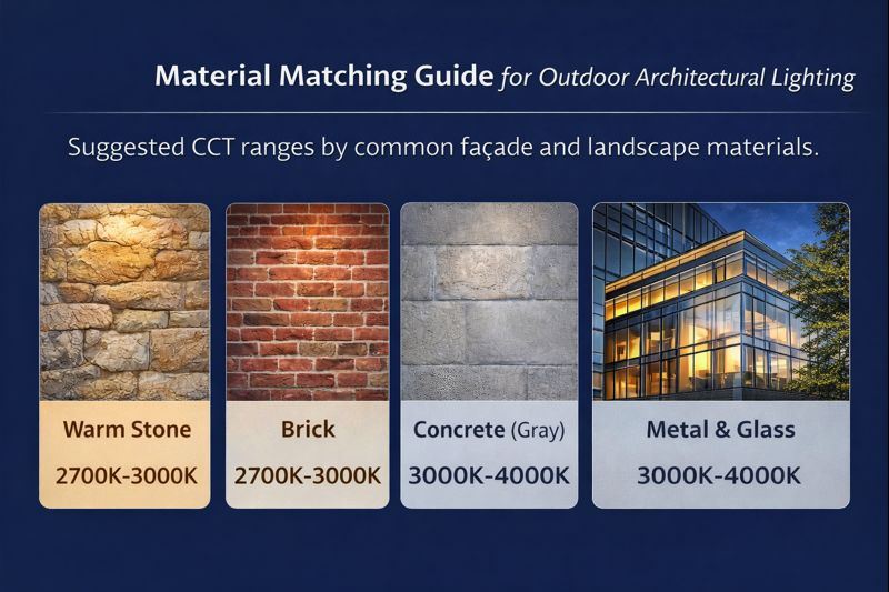 Material matching guide for outdoor architectural lighting color temperature