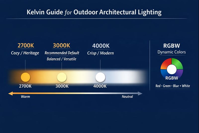 Kelvin scale for outdoor architectural lighting comparing 2700K 3000K 4000K and RGBW