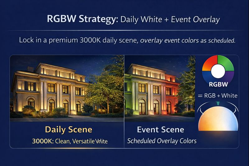 RGBW outdoor architectural lighting scenes showing daily 3000K white and event colors